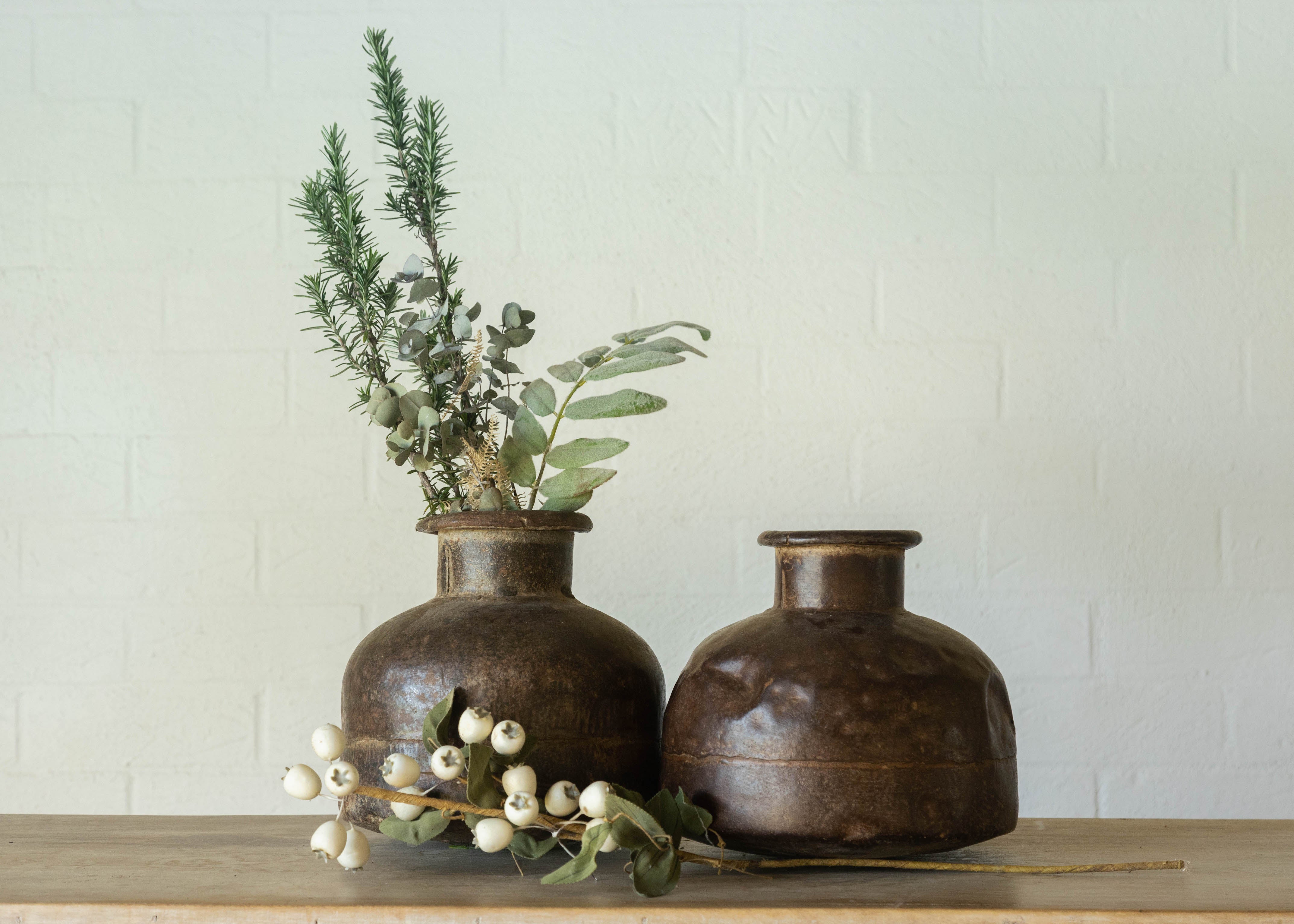 Rustic iron pot from India with a large base, a narrow neck and  a turned lip at the opening. Width and height equal at approx 30cm. Green foliage displayed.